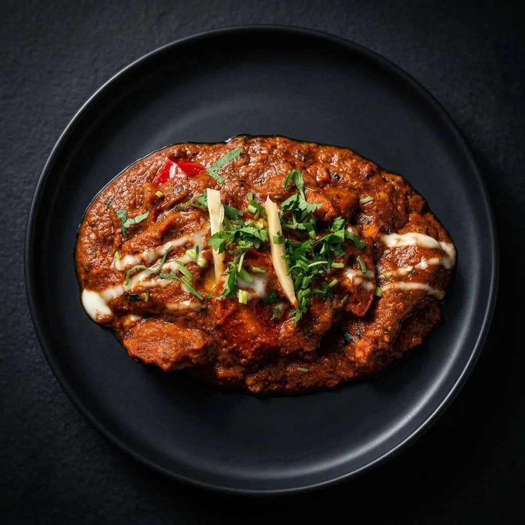Chicken curry on a black plate, finished with cream, ginger, and herbs.