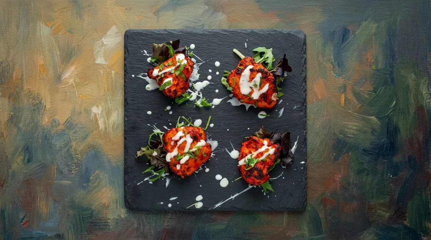 Grilled chicken on a slate board with herbs and a white sauce.
